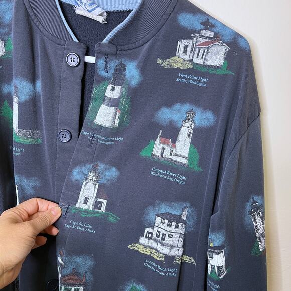 Vintage Lighthouse Cardigan Sweater Womens XL Navy Blue Button Grandmacore - Picture 5 of 13